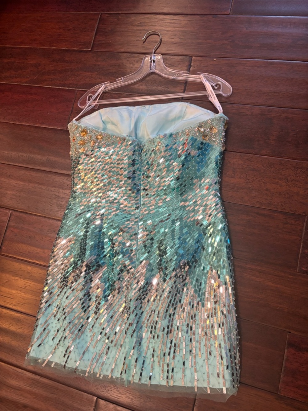 Sherri Hill Mint Sequin Strapless Dress with Gold Jewel Bodice - Picture 4 of 5
